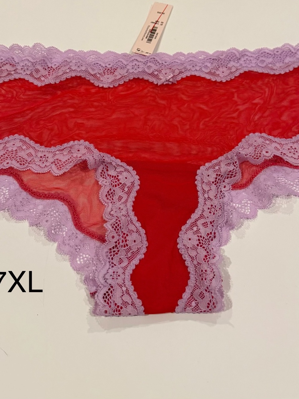 Lace-Trim Sheer  Panty in Red with Lavender Trim